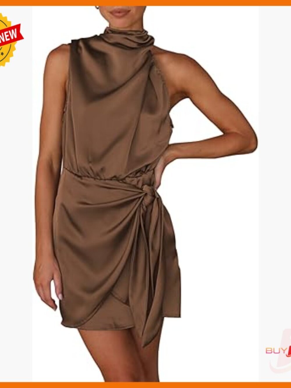 Satin Cocktail Dress Sleeveless Mock Neck Tie Waist Formal Party